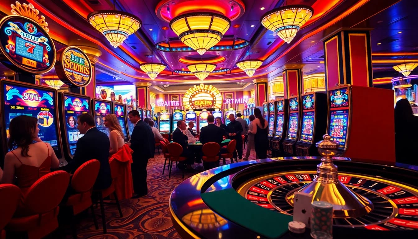 Players experiencing the thrill of winning on slot machines in a luxurious casino setting.