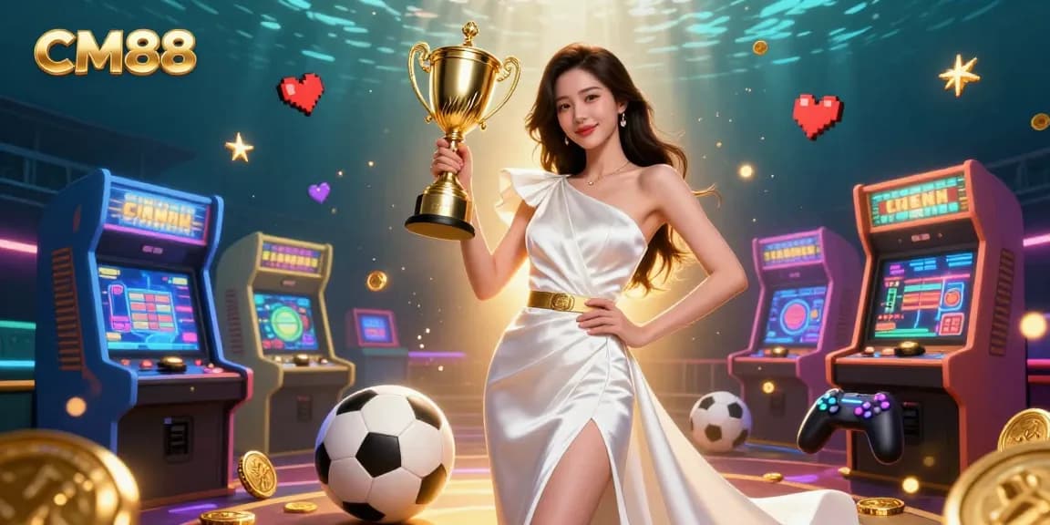 Experience CM88's exciting casino atmosphere with a victorious figure and sports betting elements in 3D.