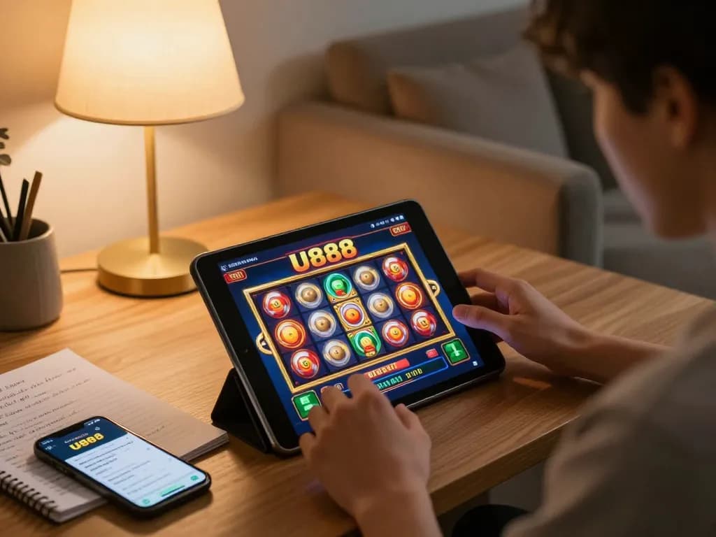 Player engaging with U888 online casino slot games on tablet at home, showcasing gaming strategy.
