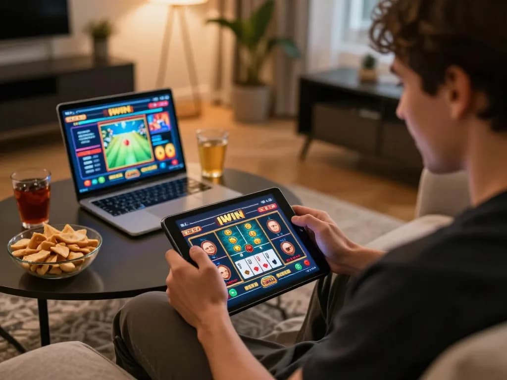 IWIN gaming session on a tablet in a cozy living room, showcasing engaging online play.