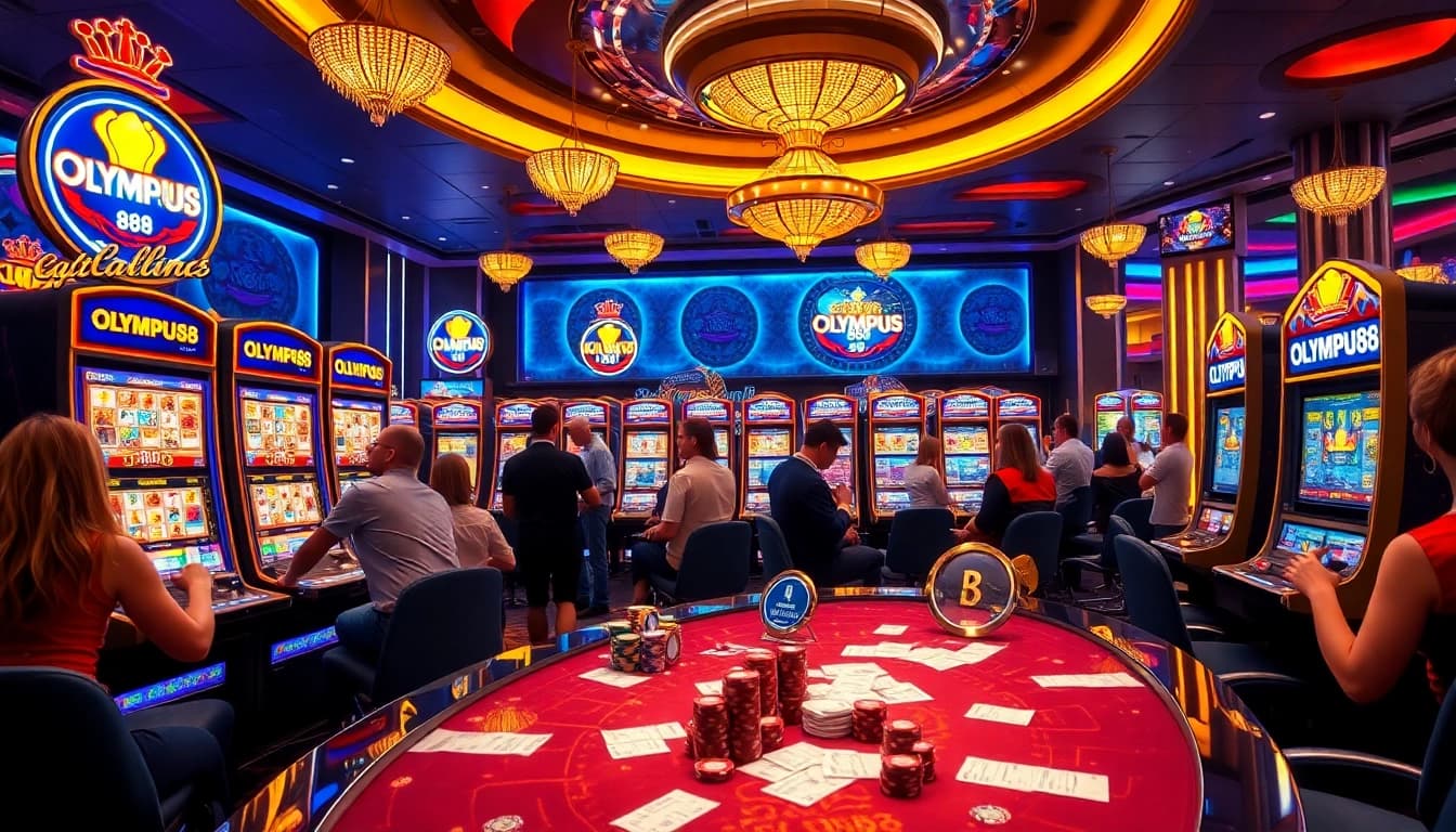 Players experiencing the thrill of OLYMPUS88 slot machines in a luxurious casino setting.