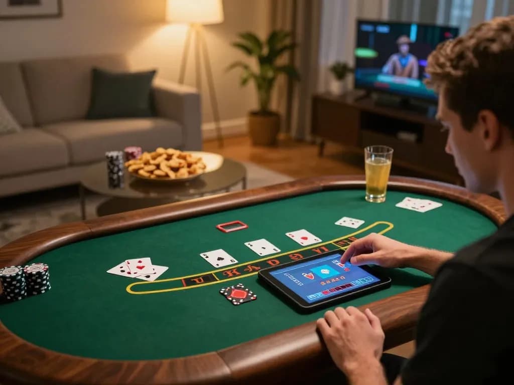 Player enjoying online blackjack at home via ho88, with live gaming interface and snacks around.