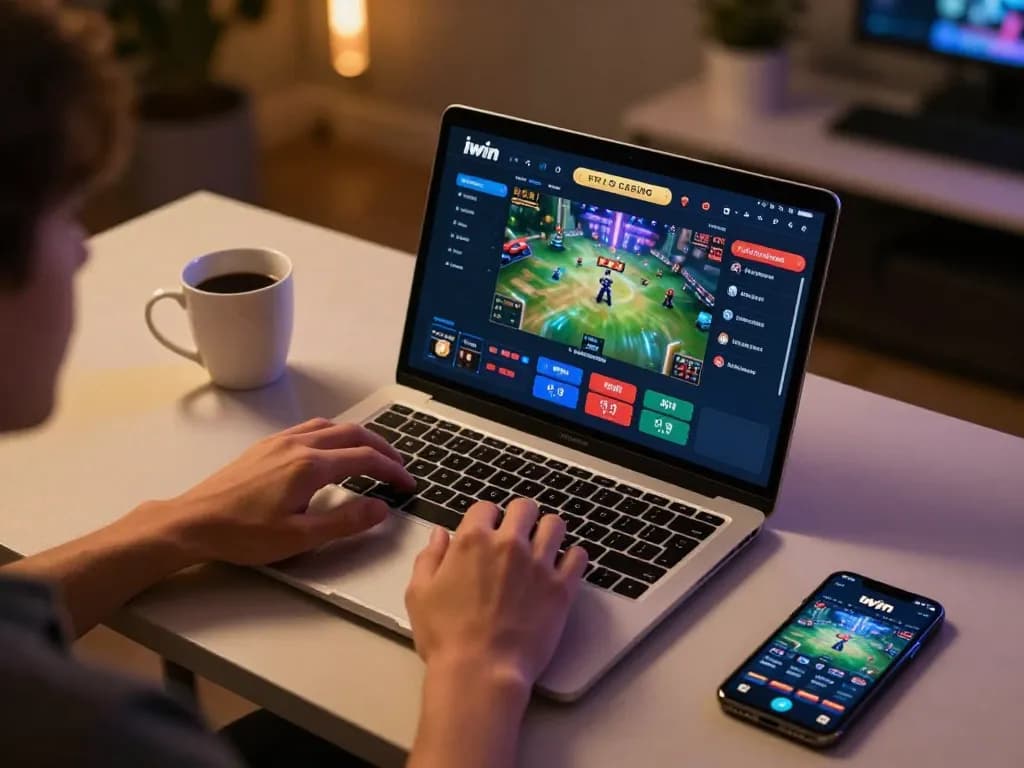 An active user engaging with the iwin pro casino app on a sleek laptop, showcasing modern online gaming experience.