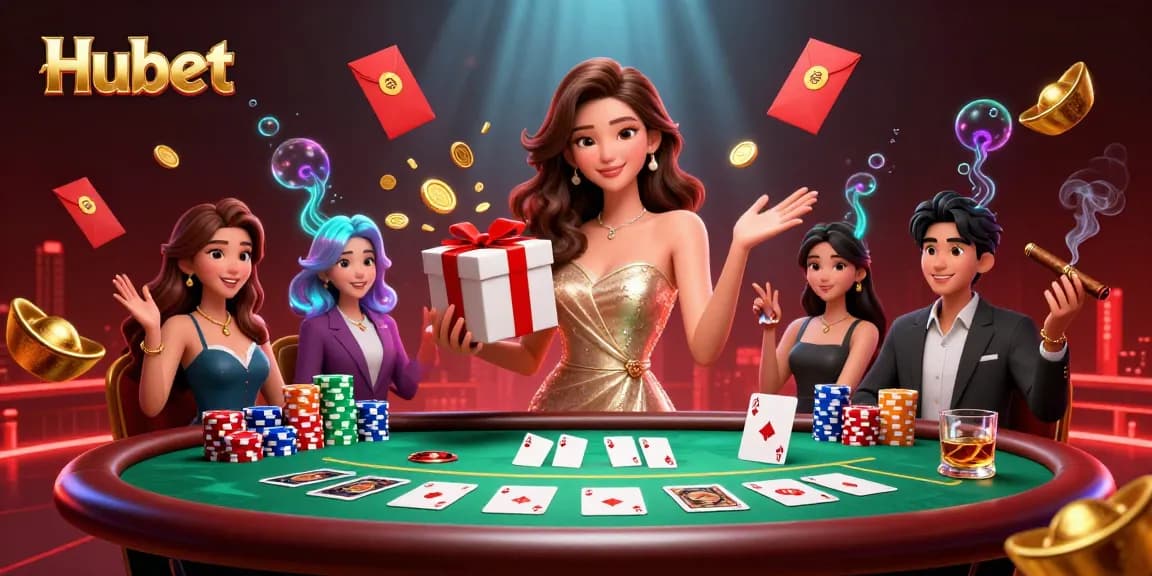 Engage with Hubet's festive casino theme featuring a stunning Asian woman in a sparkling gown.