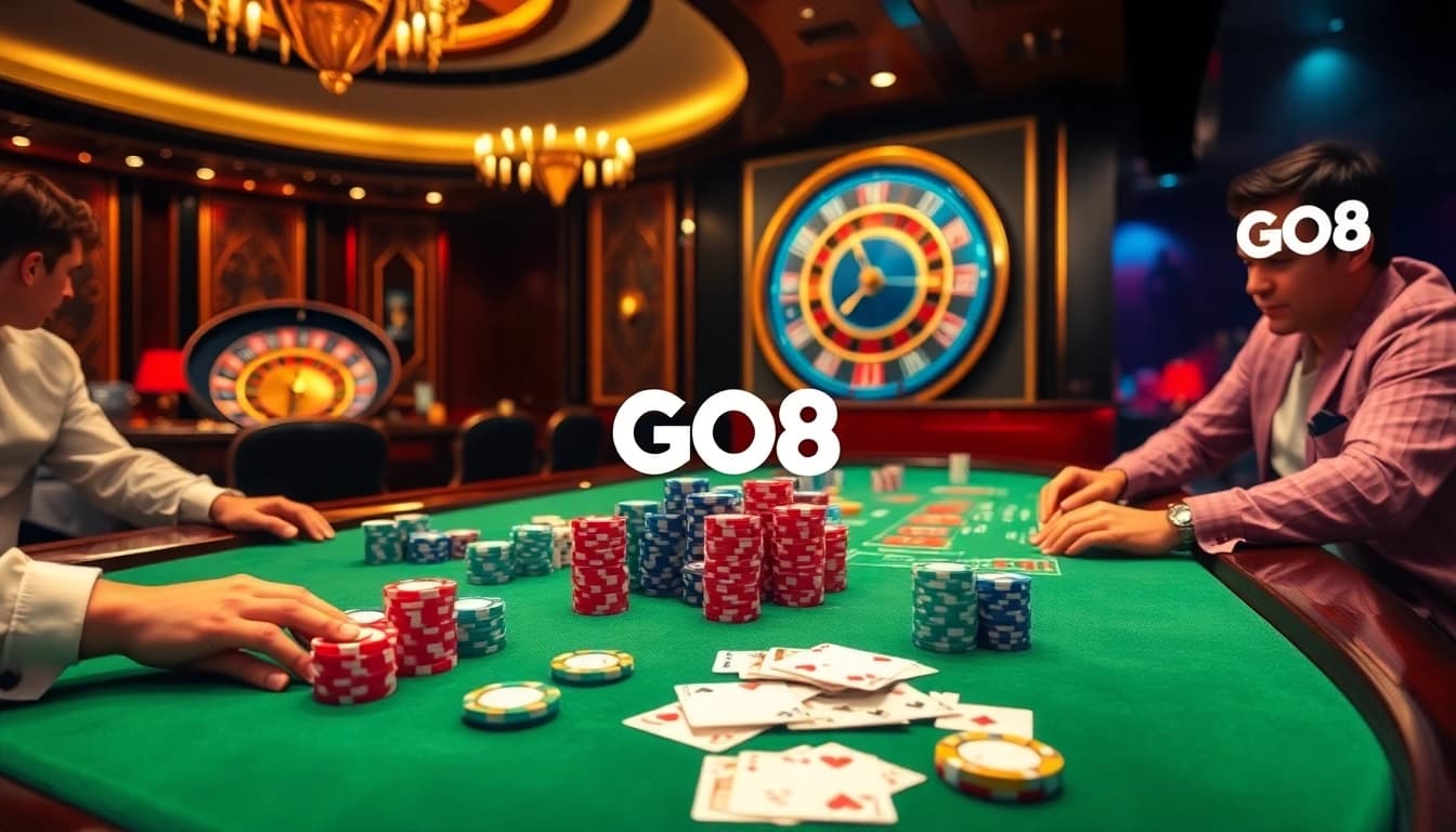 GO8 casino scene depicting excitement with poker chips and roulette wheel.