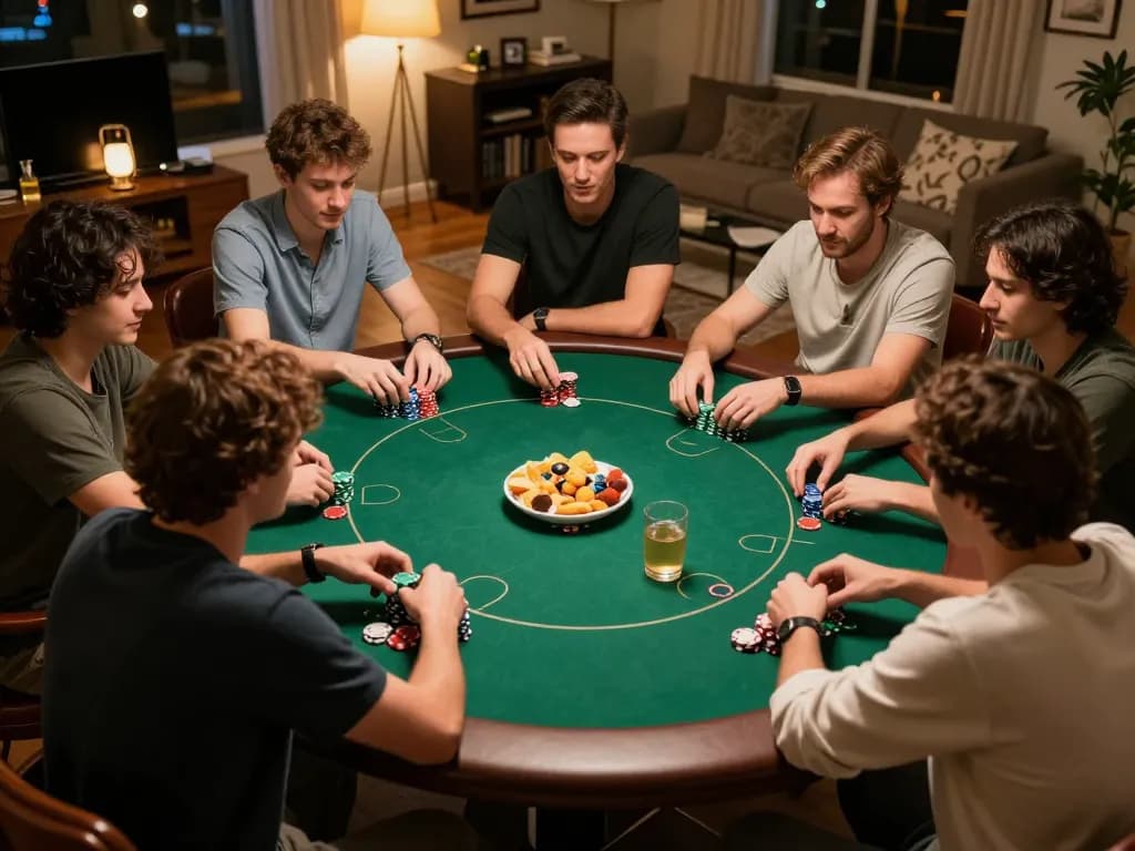 Kuwin players engaging in a lively home poker game, showcasing strategic gameplay and social fun