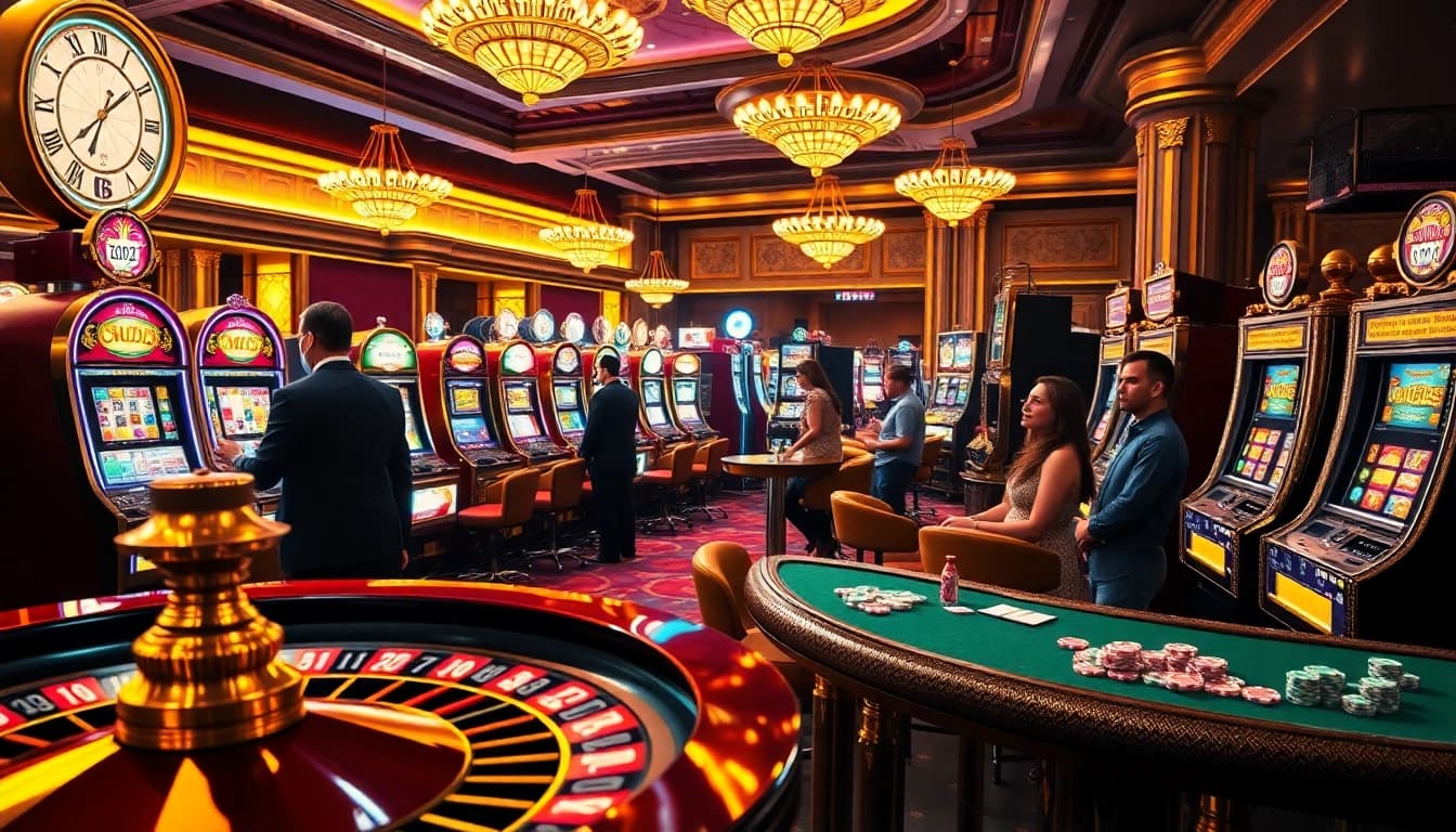 Pemain menikmati pengalaman mendebarkan di mesin slot di kasino yang semarak.