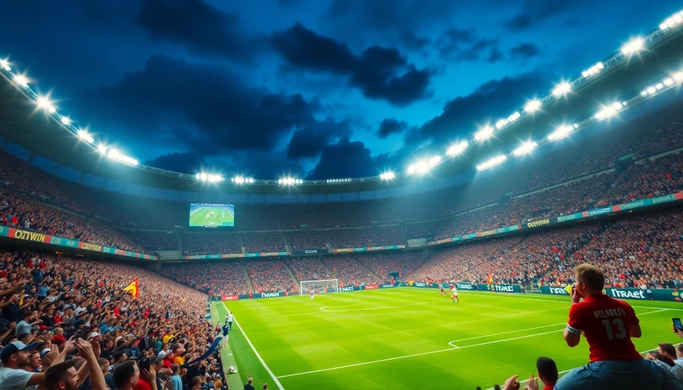 Exciting soccer stadium scene with fans enjoying live matches on OKWINTV