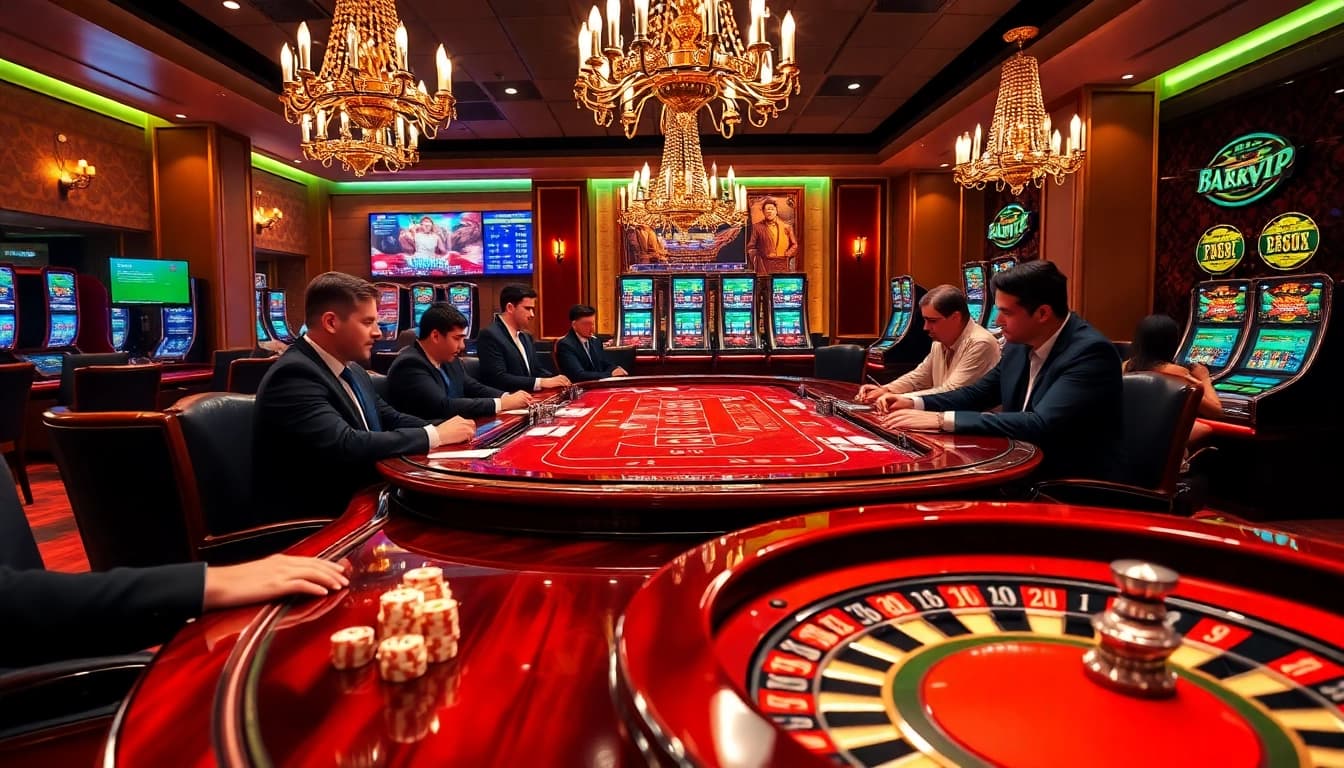 Players enjoying high-stakes poker at a luxurious Rikvip casino table, surrounded by vibrant gaming elements.