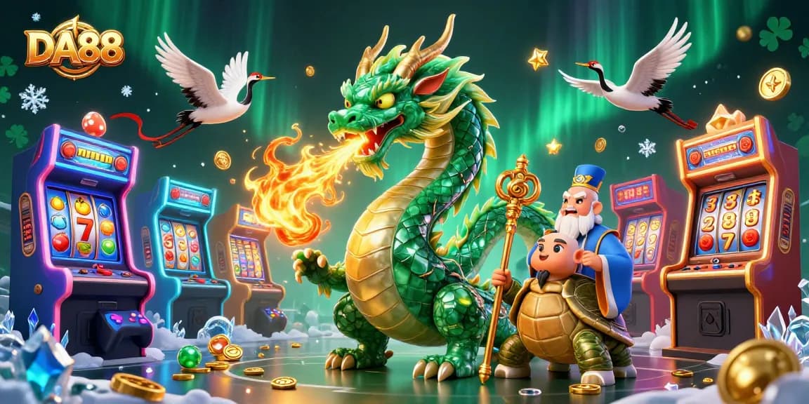 Experience the thrill of DA88 as a majestic jade dragon and a wise turtle sage breathe life into a vibrant casino atmosphere featuring slot reels and lucky symbols.