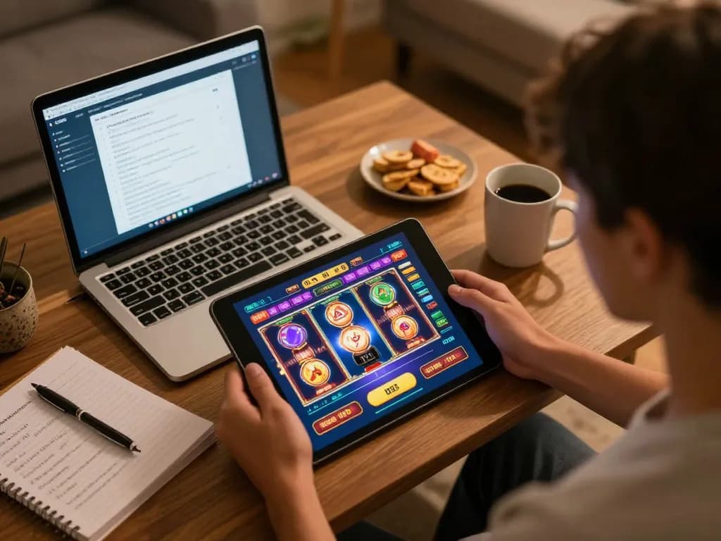 Engaging user playing casino games at https://rr88.navy/ on a tablet in a cozy home atmosphere.