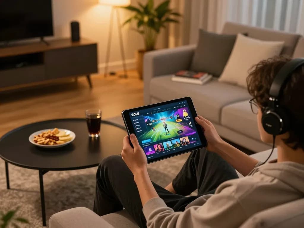 Engaging player enjoying SC88 Game on tablet amidst a cozy home gaming setup, showcasing interactive gameplay.