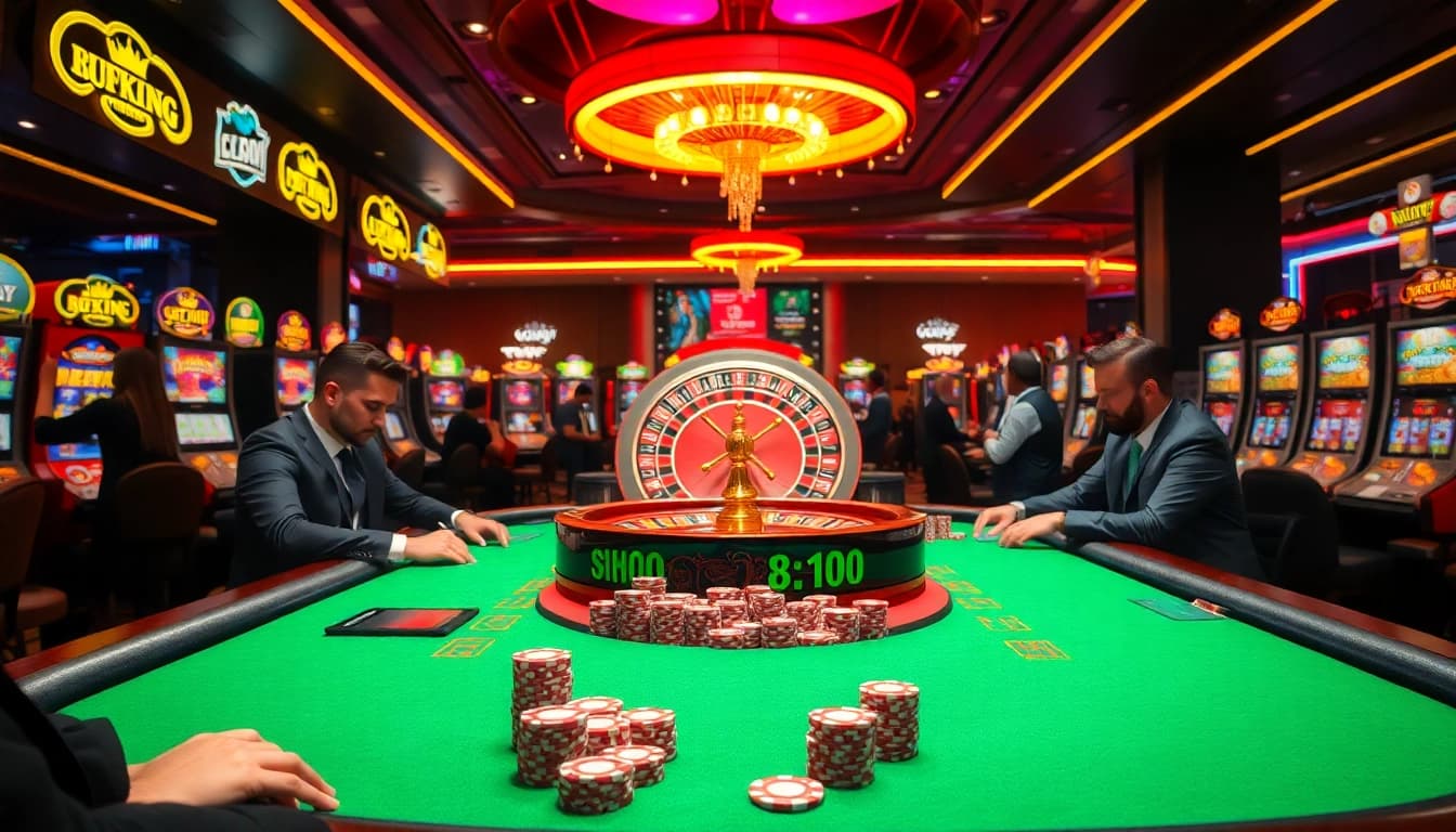 Gambling excitement at 79king with vibrant poker chips and thrilling slot machines lighting up the casino scene.