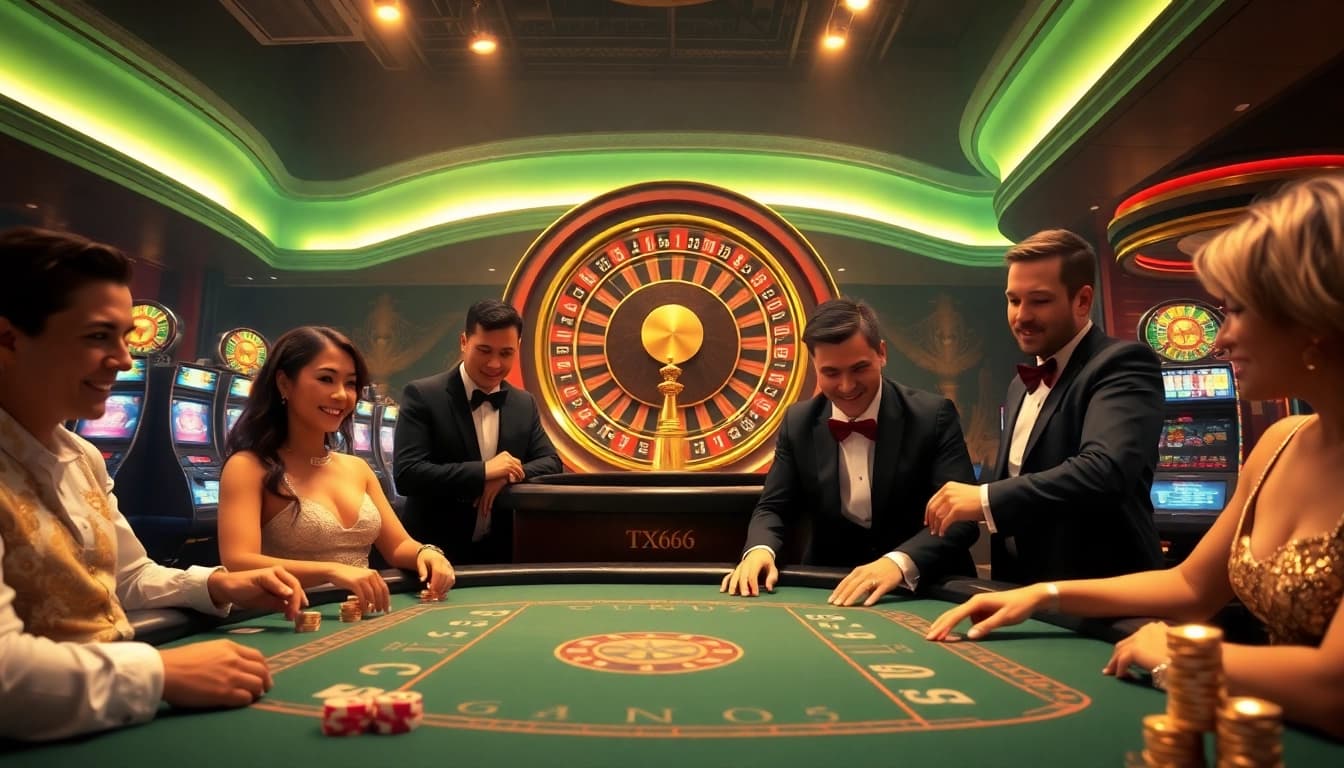 TX666 players enjoying high-stakes poker in an elegant casino setting with vibrant visuals.