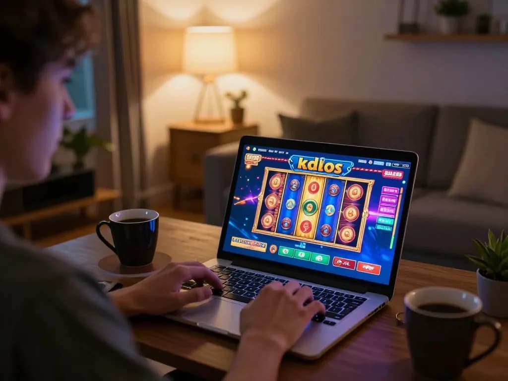 Engaging in kdslots online gaming with a laptop in a cozy home setup, highlighting relaxed entertainment