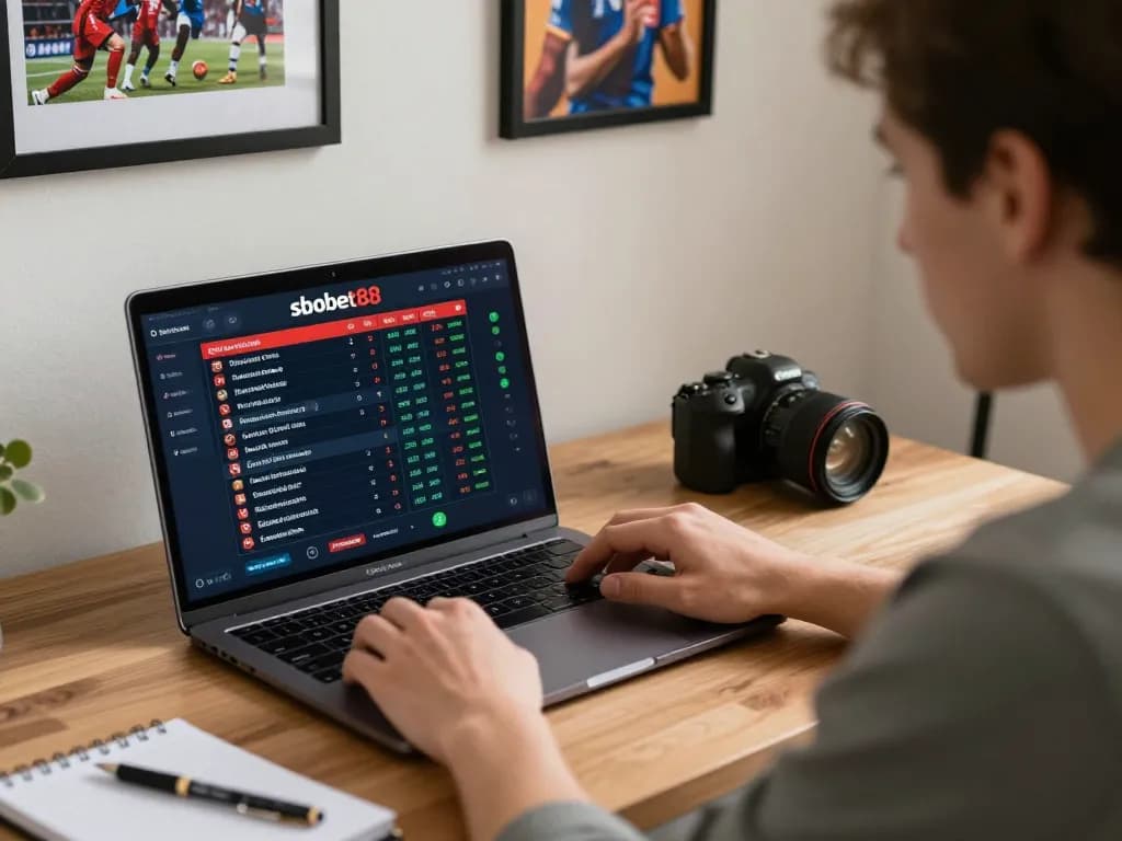 Betting enthusiast analyzing odds and strategies using sbobet88 for online sports betting.