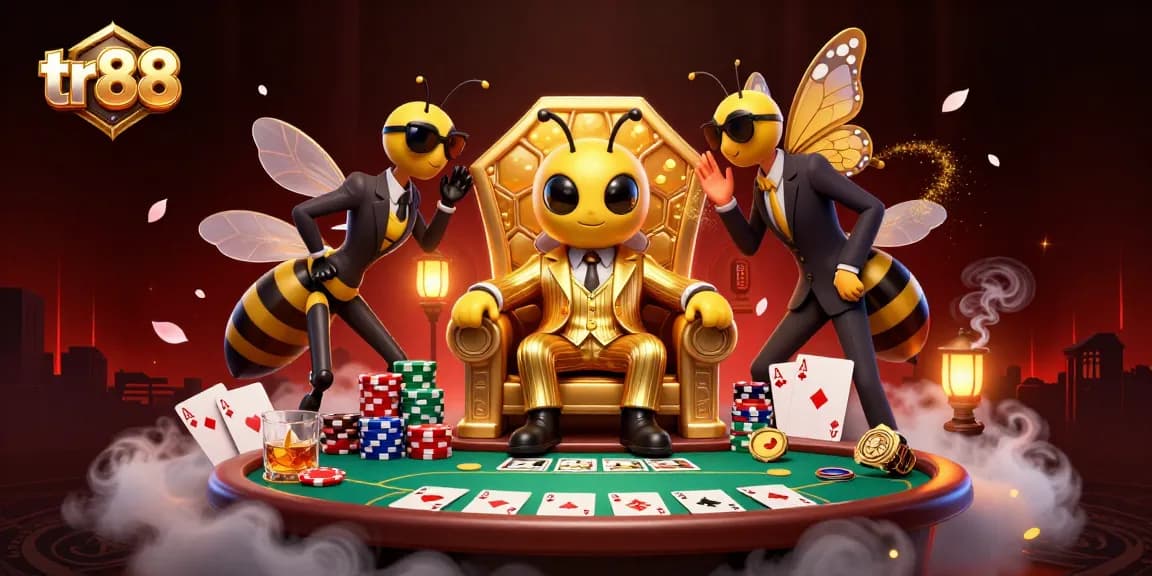 tr88 casino illustrated scene with a cartoon bee mob boss and gaming elements