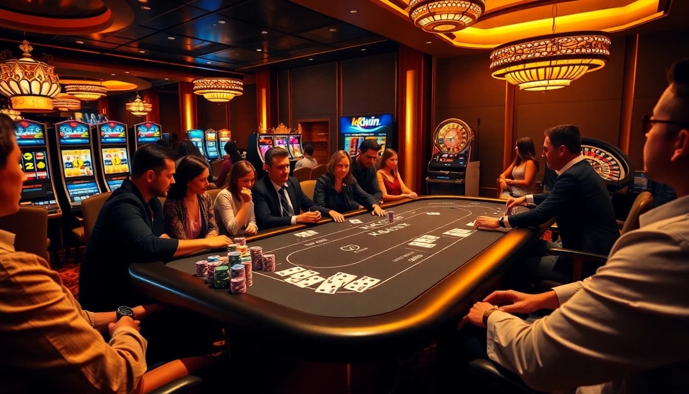 Win exciting rewards at kkwin as players enjoy intense poker action in a luxurious casino setting.
