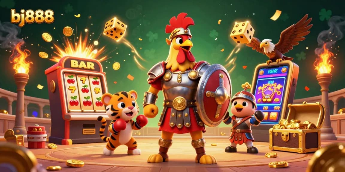 Bet on exciting games with bj888, featuring a rooster warrior, slot machines, and vibrant casino elements.