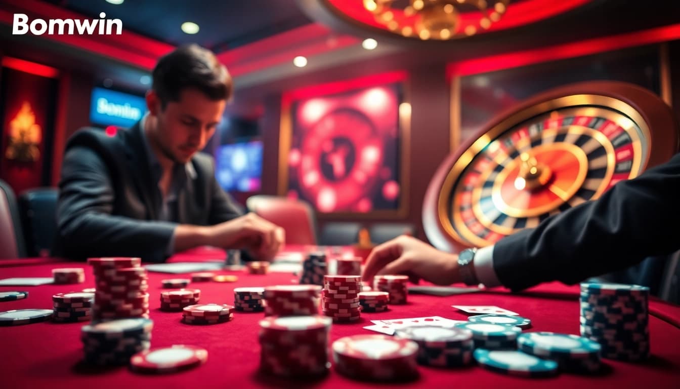 Experience the thrill of Bomwin with a luxurious casino scene featuring poker chips and a roulette wheel.
