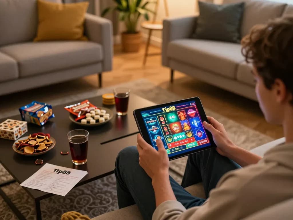Engaging player enjoying tip88 online gaming experience on tablet in cozy living room.