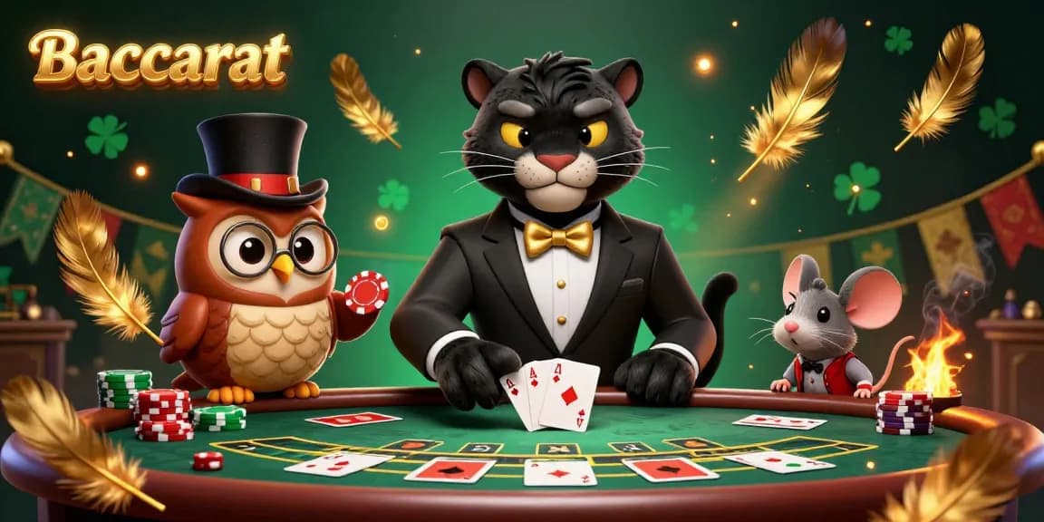 Baccarat scene with a tuxedo-clad panther elegantly dealing cards alongside an owl with chips, embodying a vibrant casino atmosphere.