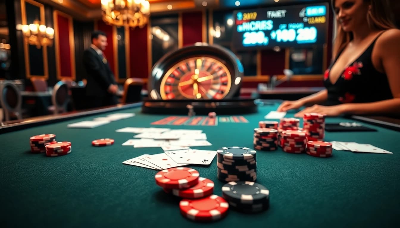 Engaging scene of a poker table featuring kèo nhà cái odds with vibrant visuals of poker chips and cards.