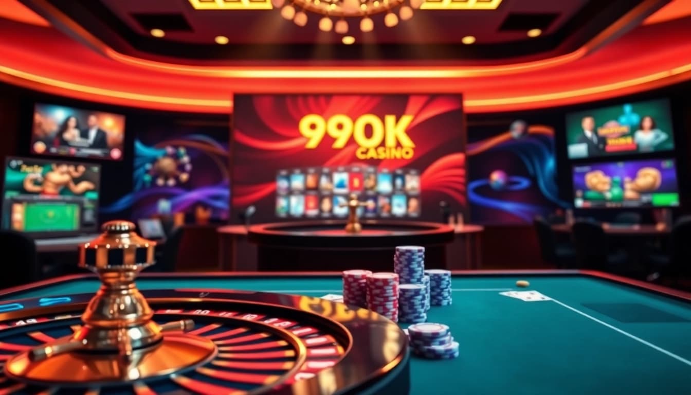Experience the thrill of 99OK with a vibrant online casino scene showcasing poker chips and a roulette wheel.