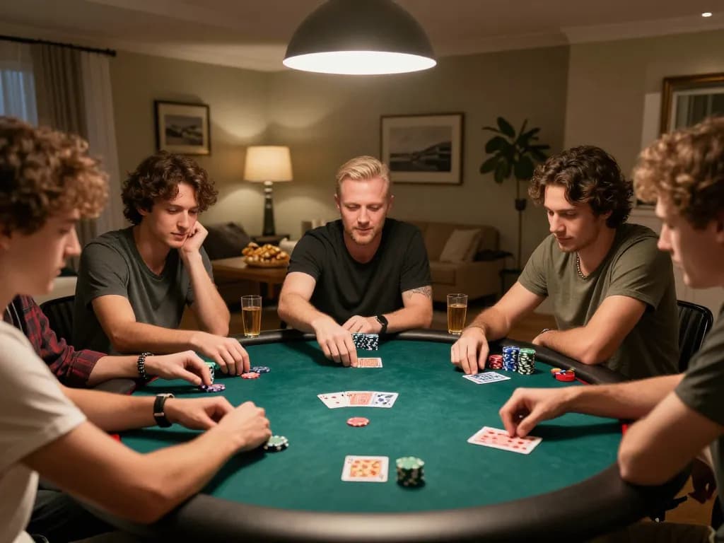 GO8 players enjoying a home poker game, showing chips and cards with a friendly atmosphere.