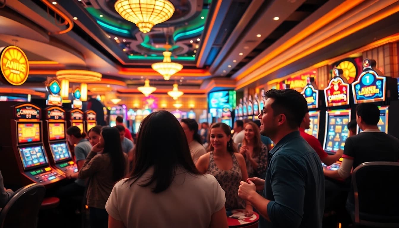 Exciting gaming floor at AT99娛樂城 showcasing vibrant slot machines and players enjoying the experience.