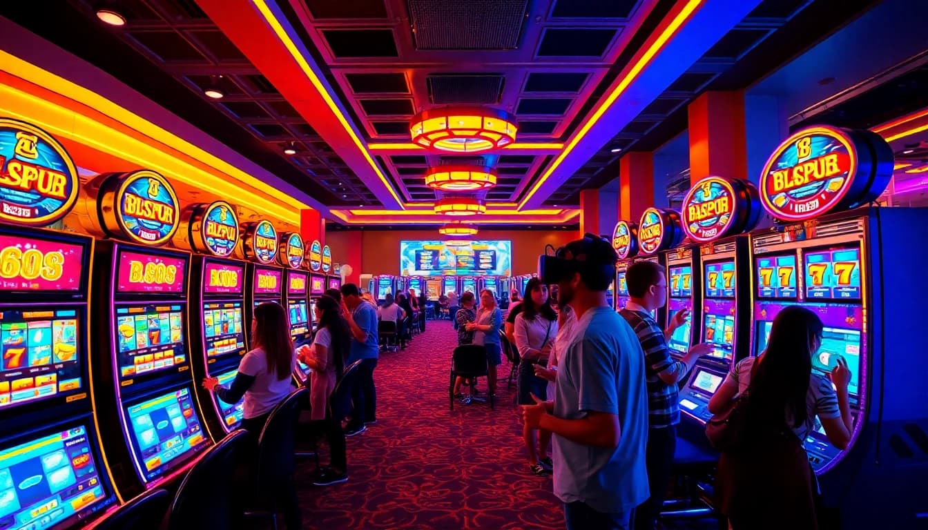 BROMO888 vibrant digital casino scene with diverse players engaging in modern slot games.