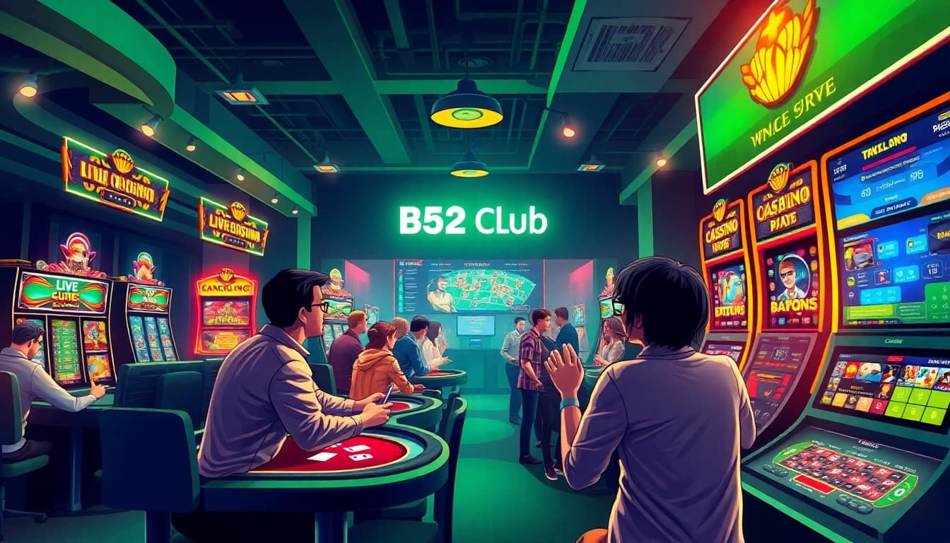 B52 club gaming scene showcasing excitement in online betting, with players engaging in live casino and slot games.