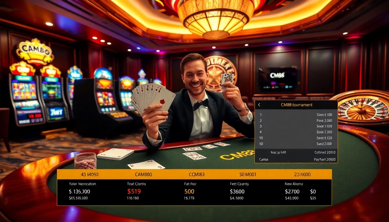 Player celebrating a win at the CM88 casino poker table with vibrant slot machines.