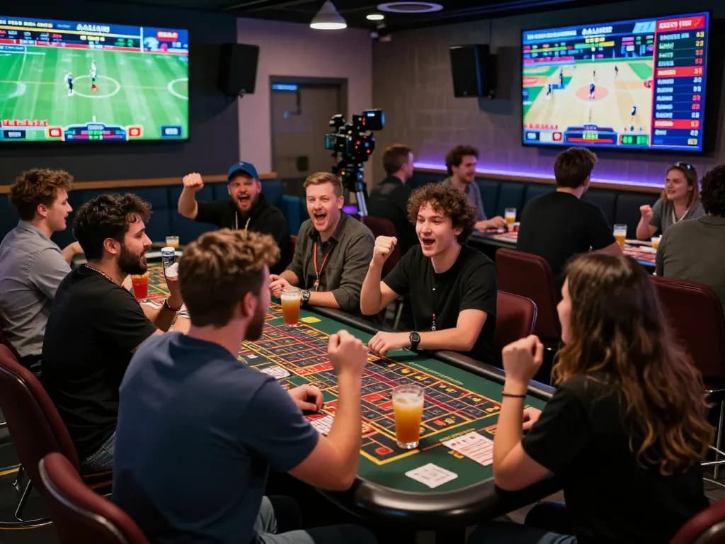 V9BET players engaging in live sports betting, surrounded by screens and drinks in an energetic atmosphere.