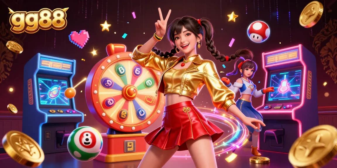 Engage with the vibrant gg88 online casino experience featuring dynamic gaming elements and a cheerful character.