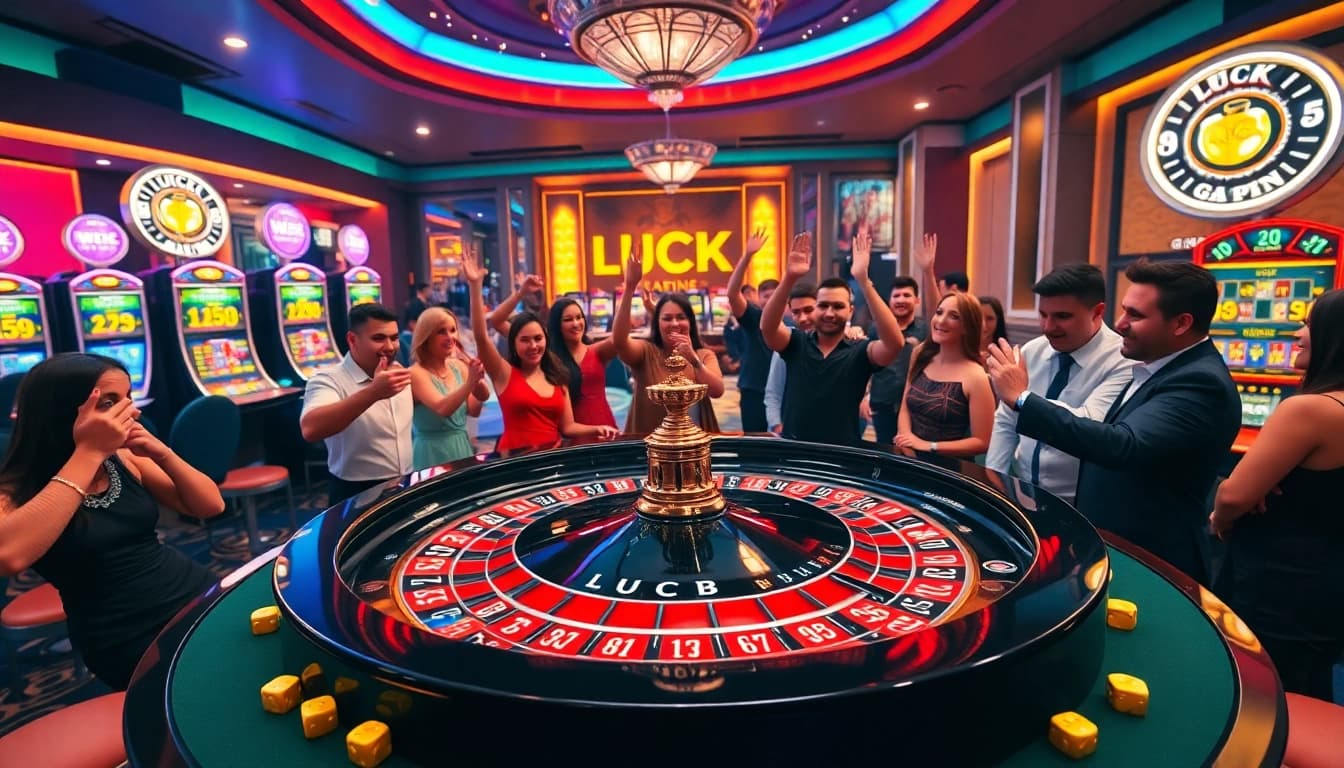 Players celebrating their wins at the LUCK8 casino with vibrant gaming elements.