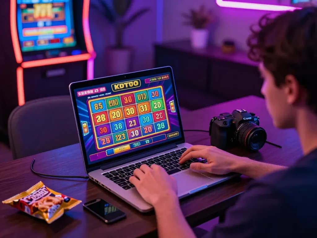 Player enjoying KDTOTO's online gambling experience with vibrant slot graphics.