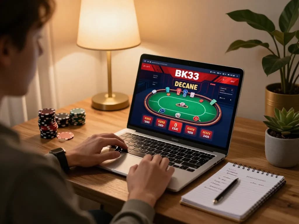 Player enjoying BK33 online casino poker game on laptop with strategy notes on table.