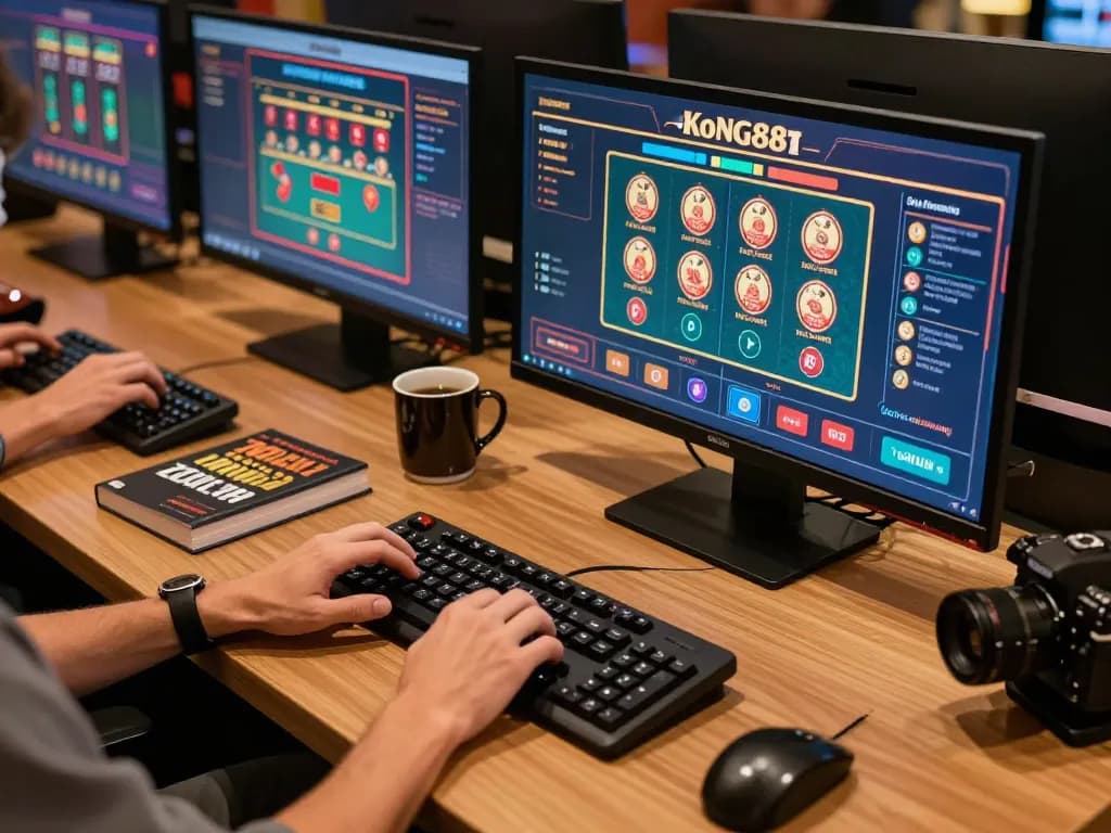 Kong88 player engaging in online casino gaming with multiple screens and strategy notes.