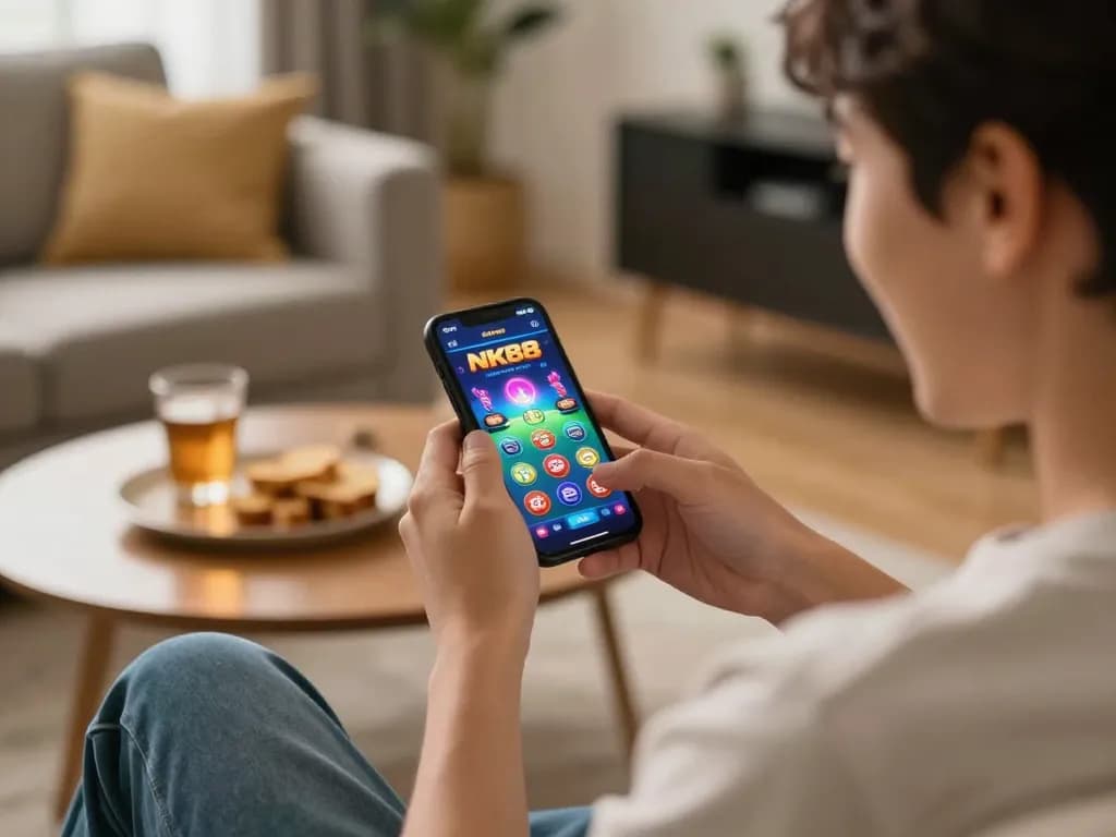 Engaged player enjoying NK88 mobile gaming experience in a cozy setting with vibrant visuals.