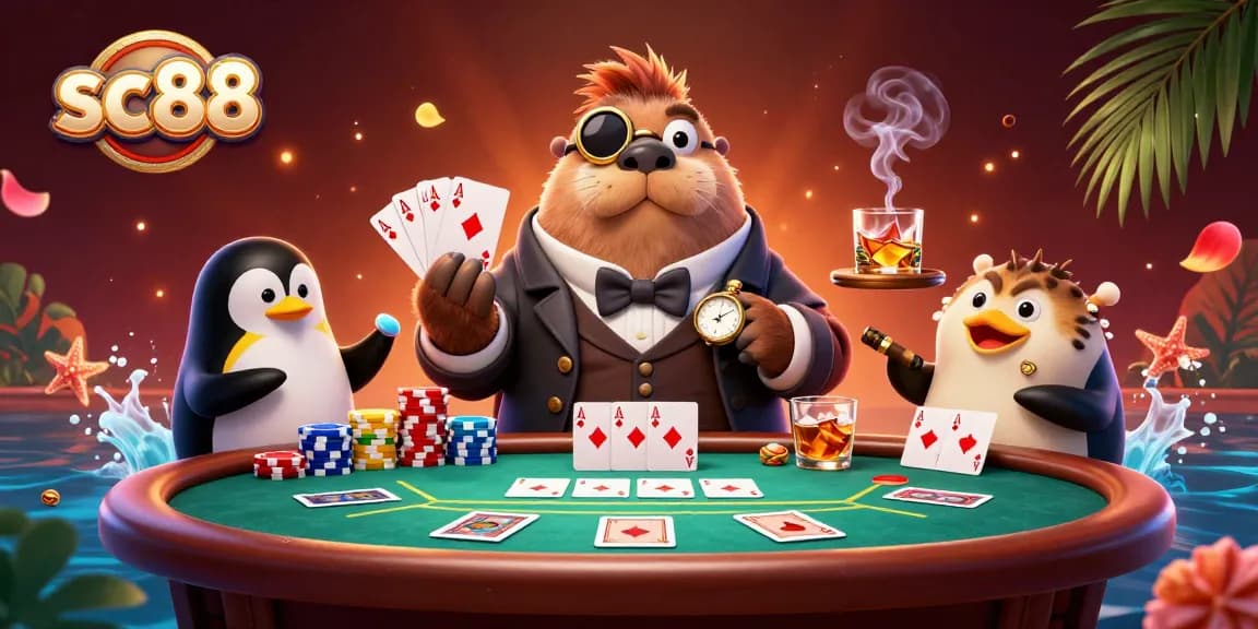 Experience exhilarating poker strategy at SC88 with a jolly walrus and dealer under the sea.