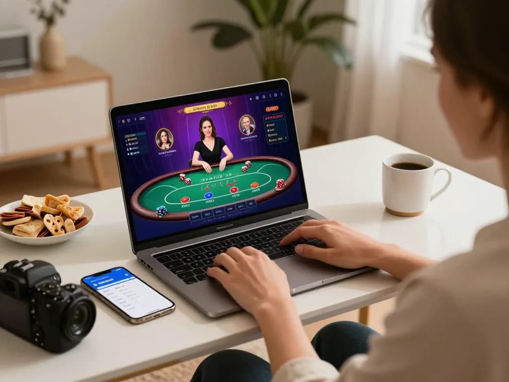 Engaging scene of online gambling highlighting chính sách bảo mật in a home setup with laptop and vibrant casino interface
