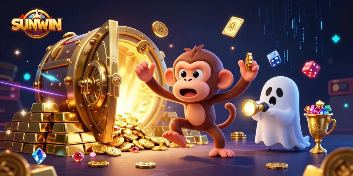SUNWIN offers thrilling casino action with a mischievous monkey juggling golden treasures in a haunted casino.