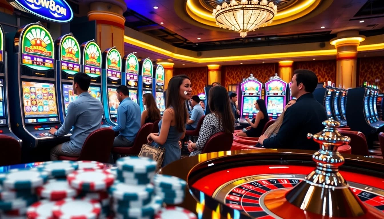 Enjoying thrilling moments at slot888 slot machines in a vibrant casino setting.