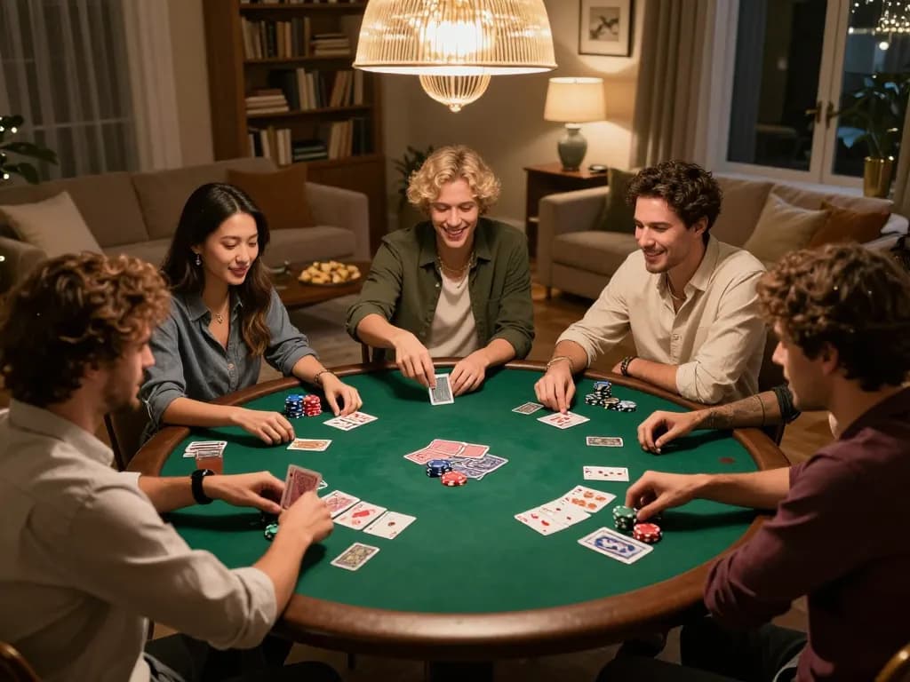 Friends engaged in a poker game at home, showcasing a joyful vsbet gaming experience.