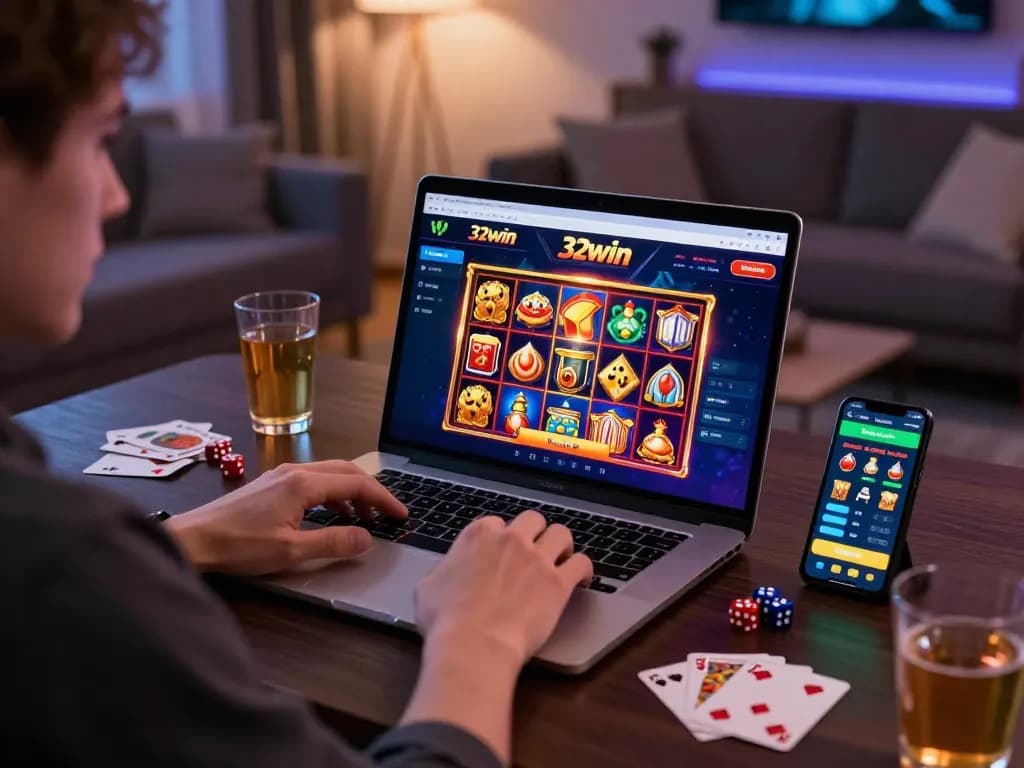 Player enjoying 32win casino games on a laptop with vibrant visuals and gaming accessories.