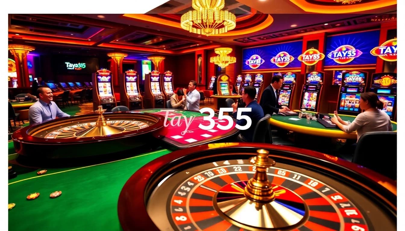 Taya 365 thrilling casino atmosphere with players at tables and vibrant slot machines
