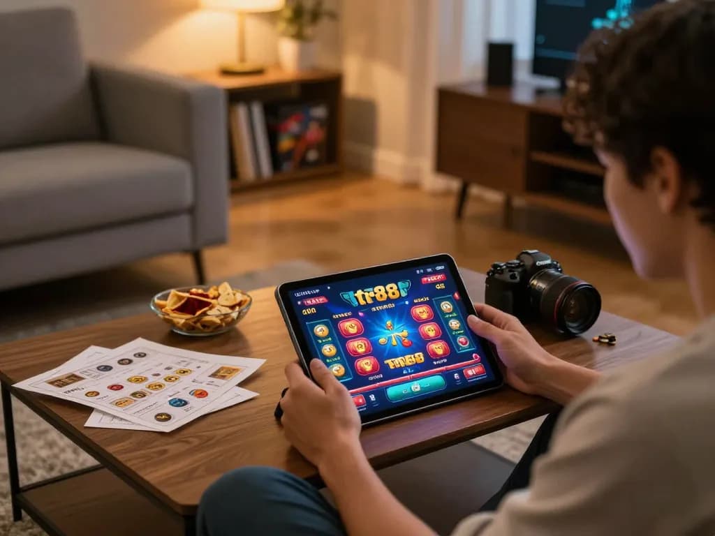Engaging with the app tr88 while enjoying a comfortable home gambling session.