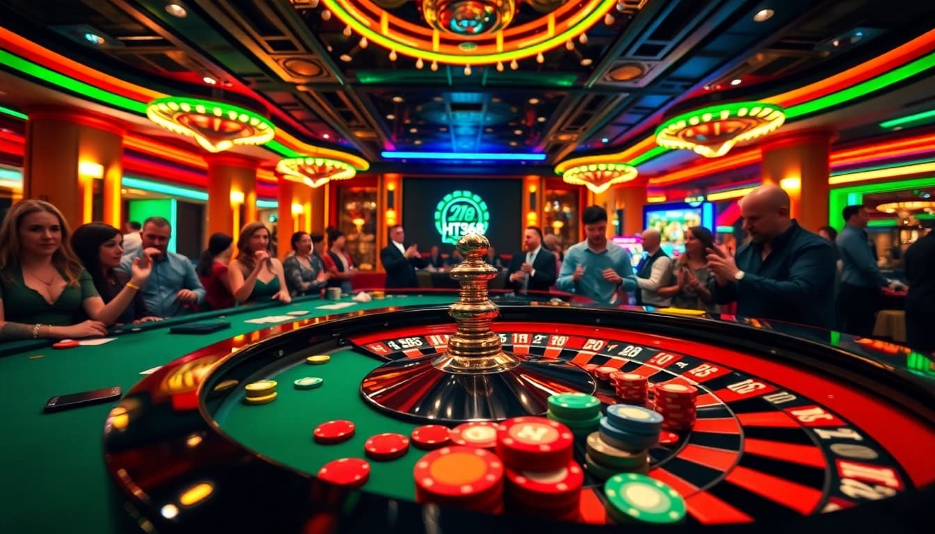 Experience an exciting moment at HT368's casino table with vibrant chips and cards.