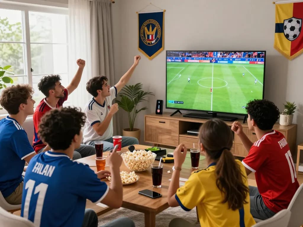 Friends enjoying a live soccer match, showcasing socolive tv in an exciting sports atmosphere.